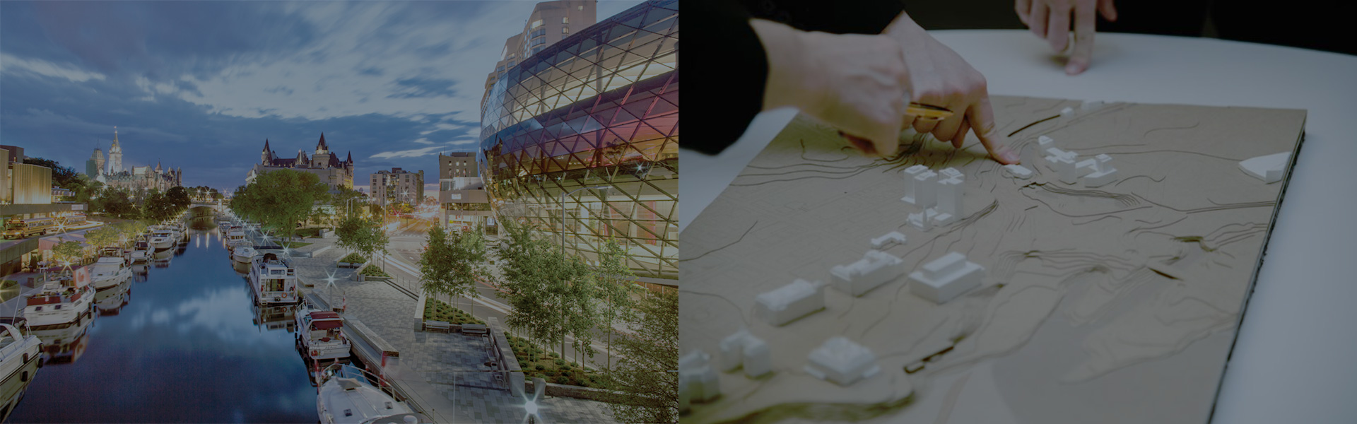 Saturated image of lakefront Ottawa. Planners looking at a relief map of downtown Ottawa